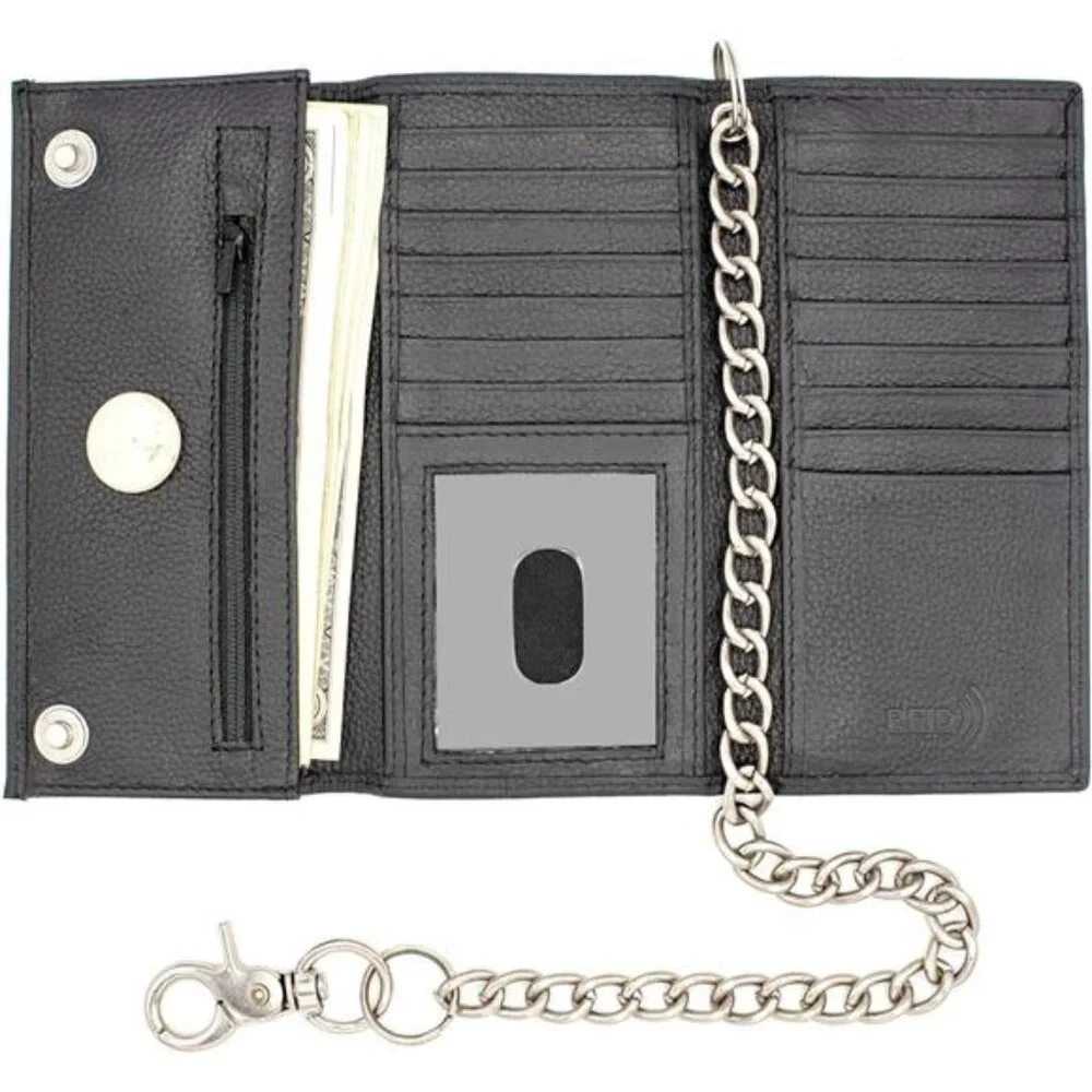 Long Trifold Chain Wallet for Men, Leather Checkbook Cover, RFID Blocking chain